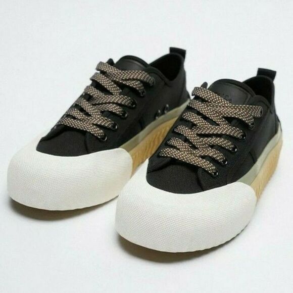 Zara Toecap Contrast Chunky Low Profile Gum Sole Trainers in Black - Picture 1 of 13